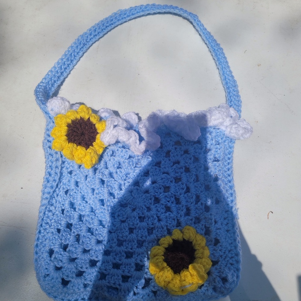 Handmade Blue Crochet Bag with Sunflower Accents